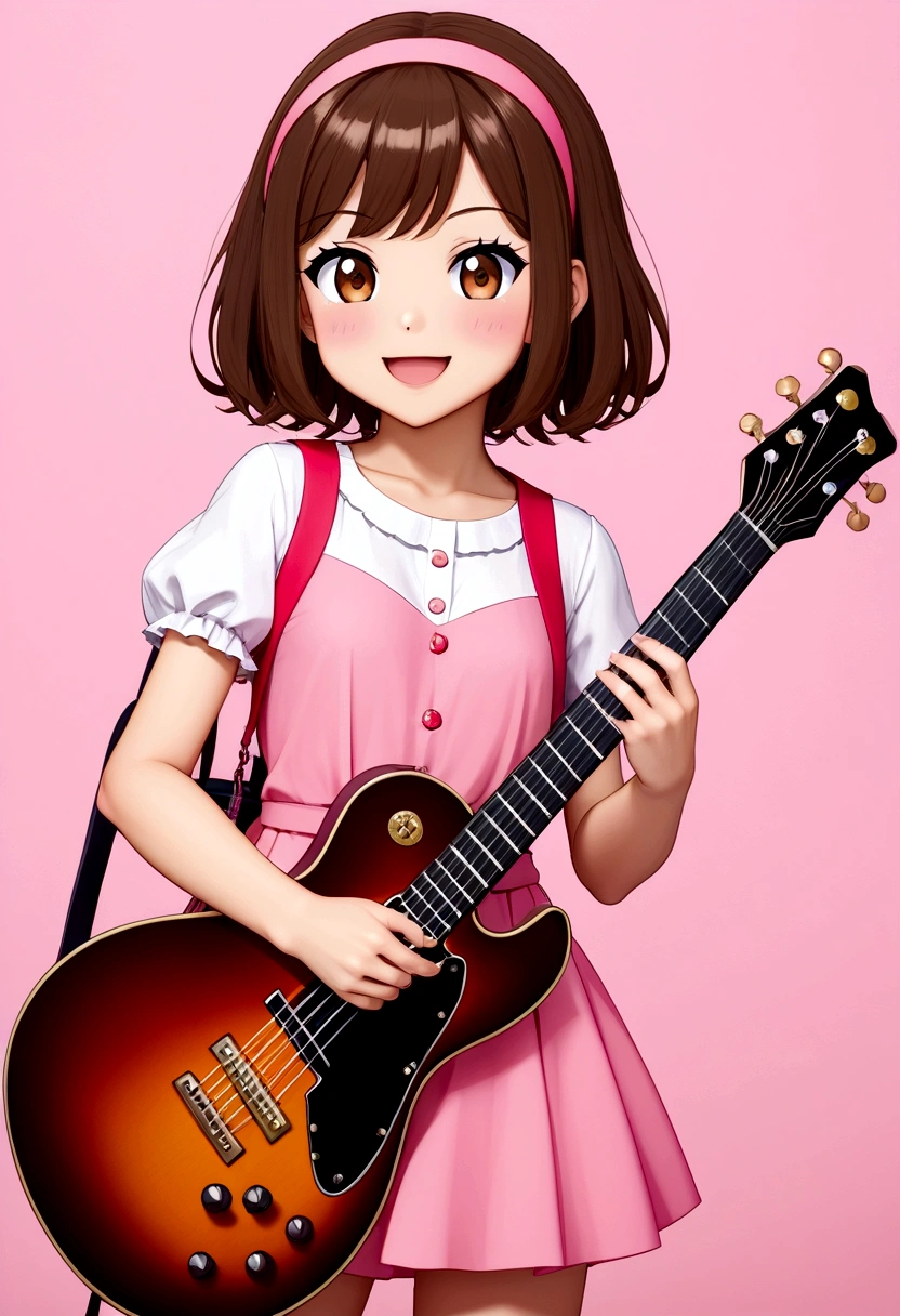 One 、3 、guitar、Pink Dress、cute金髪、infant、Kids Room、toy、stuffed toy、Pink Background、教育、Anime for children、cute3歳児がguitarを弾きながら歌っている、((3頭身のinfant:1.3))
