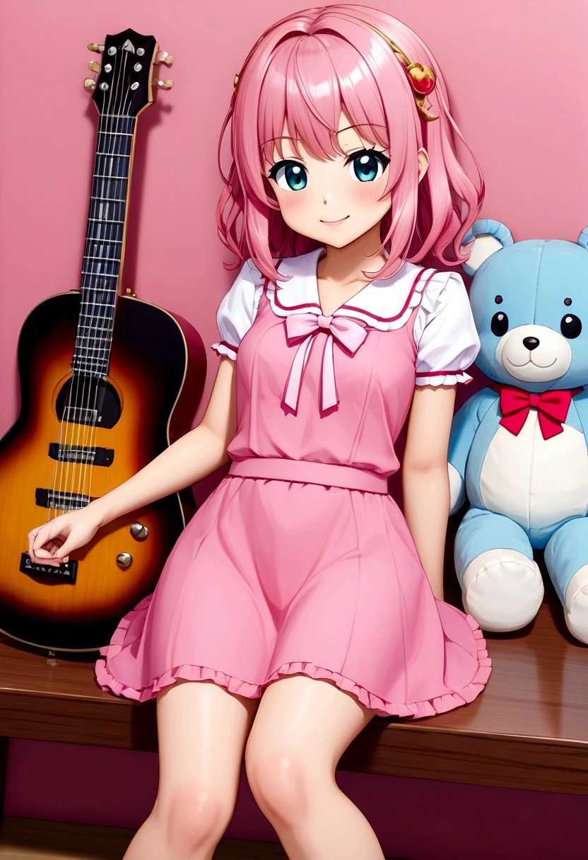 One 、3 year old、guitar、Pink Dress、cute金髪、infant、Kids Room、toy、stuffed toy、Pink Background、教育、Anime for children、cute3歳児がguitarを弾きながら歌っている、((3頭身のinfant:1.3))