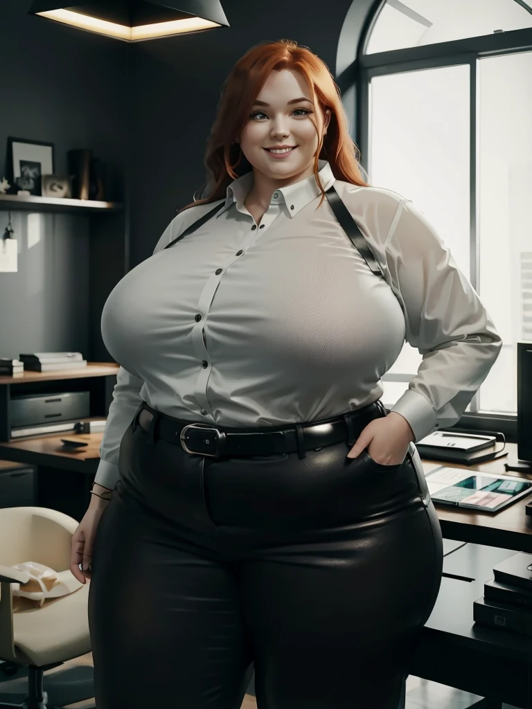 An happy and excited photo of a Beautiful ginger architect BBW, with long wavy light Brownish-ginger hair, with big soft fat belly, thicc fat arms, thicc wide legs, big breast, in black pants, long gray shirt tucked in her pants, black belt and black blouse in her new modern architect office with a lot of building models and house blueprints