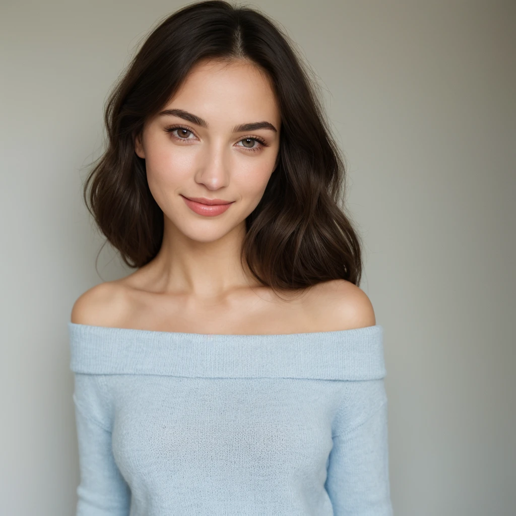 ((best quality)), ((masterpiece)), (detailed), 1girl, off-shoulder sweater, Generate an image of a german woman With Skin tone that is Clear and radiant , Hairs that are Brunette, long, and luscious , Eyelashes that are Full and fringe-like , Light blue eye color that is bright and captivating , Eye-Brows that are Luxuriant, defined, and perfectly shaped ,With Lips that are Rosy, plump, and inviting , A Facial structure with Delicately features, high cheekbones, and a slender nose , is Smiling which is Warm, bright, and attention-grabbing , Stunning, elegant, and effortlessly beautiful appearance.