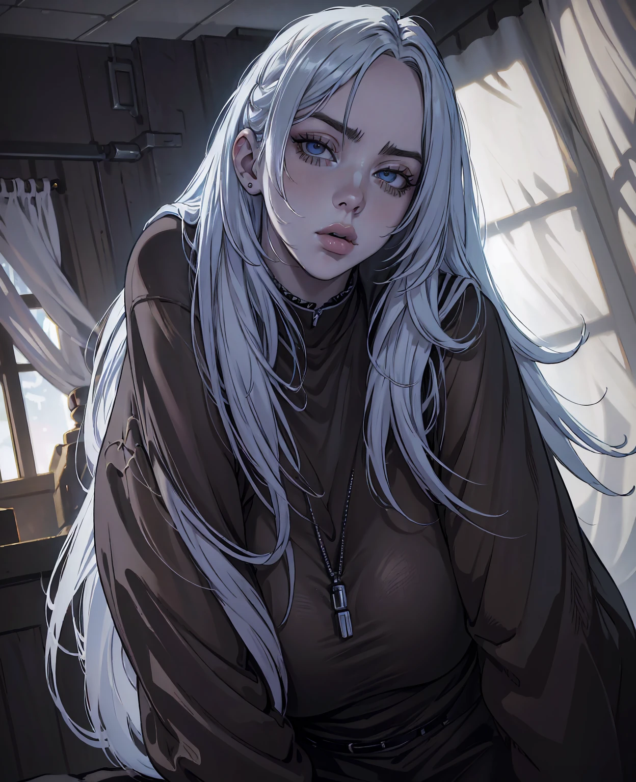 billie eilish, sexy woman, white long hair, beautiful detailed eyes, beautiful detailed lips, extremely detailed face, longeyelashes, elegant pose, closeup portrait, dramatic lighting, dark moody atmosphere, cinematic, dark color palette, dramatic chiaroscuro lighting, photorealistic, 8k, highres, best quality, (masterpiece:1.2)