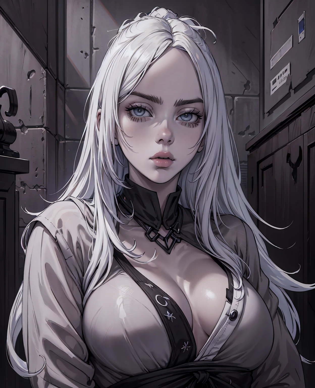 billie eilish, sexy woman, white long hair, beautiful detailed eyes, beautiful detailed lips, extremely detailed face, longeyelashes, elegant pose, closeup portrait, dramatic lighting, dark moody atmosphere, cinematic, dark color palette, dramatic chiaroscuro lighting, photorealistic, 8k, highres, best quality, (masterpiece:1.2)