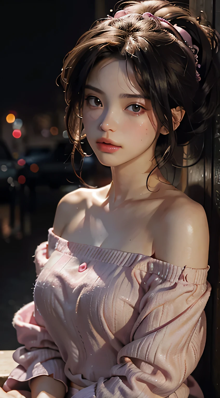 Best Quality, Masterpiece, Ultra High Resolution, (Realisticity: 1.4), Original Photo, 1girl, Pink Off-the-Shoulder, Cinematic Lighting