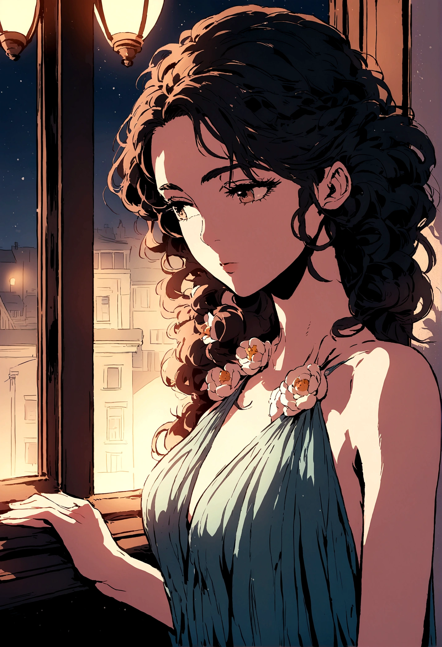 night，Street Lights，((White Camellia))，windowsill，Illustration style，Beautiful women，evening dress，A gentle breeze blows through the strands of hair