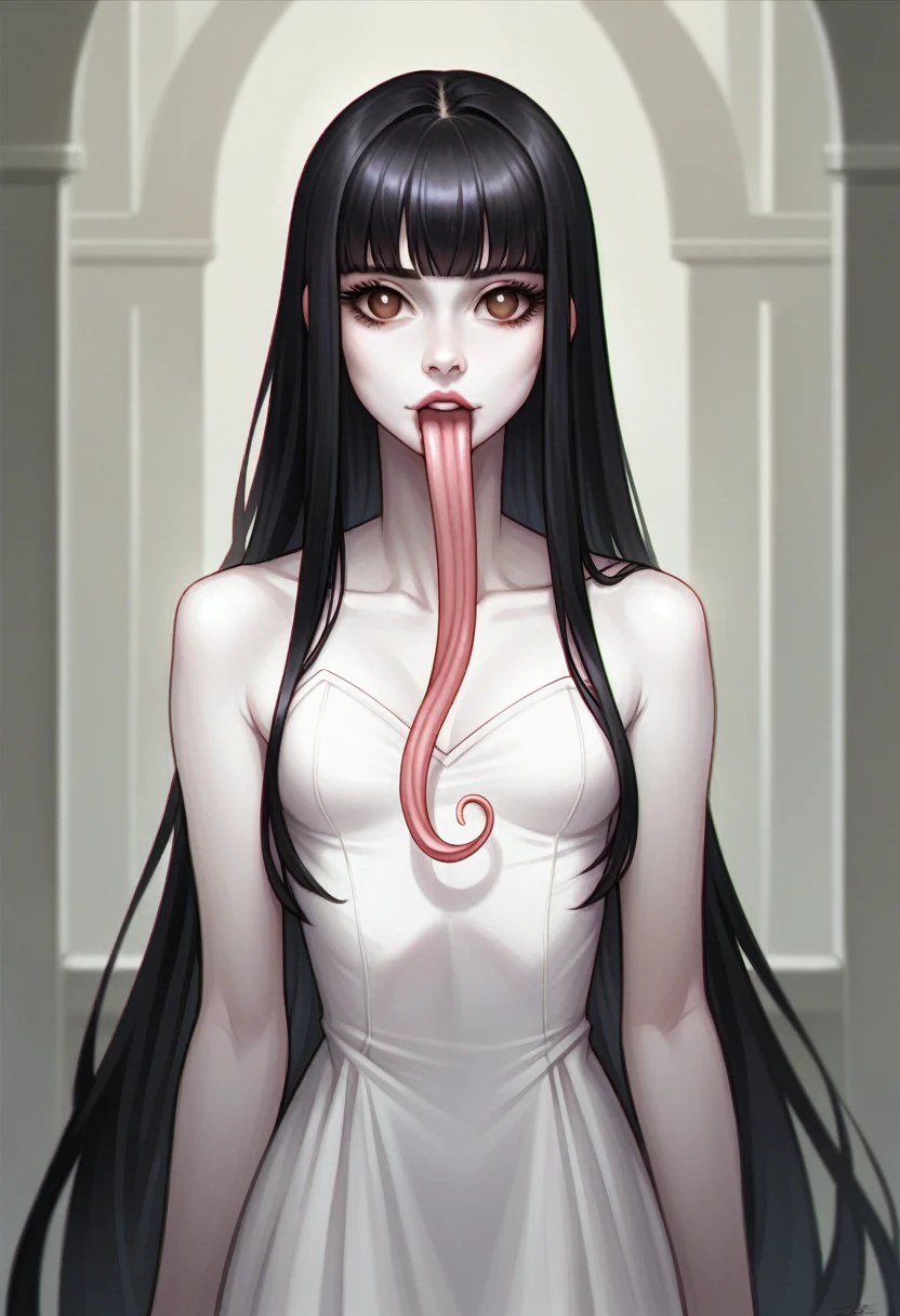 A woman, 8k, RAW Photo, Photorealistic: 1.25), (Lip Gloss, Eyelashes, Glossy Face, Glossy Skin, Best Quality, Ultra High Resolution, Depth of Field, Chromatic Aberration, Caustics, Moisturized Lips, Ultra-Trimmed Face, Radiant Detailed Eyes, Black Hair, Semi-Long, Fashionable, Tight Knit Dress, Sheer, a very very long tongue out, white skin, skinny body, brown eyes