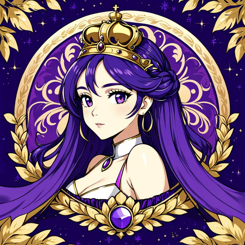 a gold crown with a laurel and a crown on top, vector art inspired by Prince Hoare, cg society contest winner, art nouveau, royal insignia in background, gold and purple, purple and gold color scheme, ornament crown, dark purple crown, ornate crown, draped in silky purple and gold, ornate gold crown, royal crown, imperial symbol, intricate gold crown