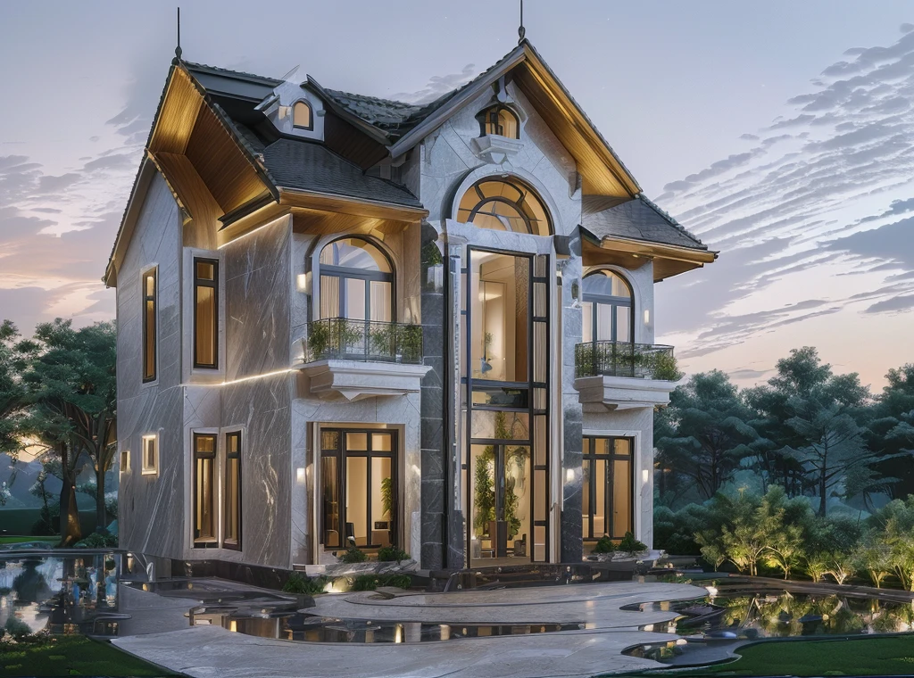 3D render of a beautiful house, Dark, gray tones, white wall. lumion render, night time render, insanely detailed rendering, realistic architecture, architectural visualization. The staircase leading into the house is tiled with black marble and has bright LED lights. Behind are hills and mountains with clear blue sky. The house with a large porch to sit and drink tea and LED lights, there is a large patio with a waterfall and a pond, pine trees, grass, garden stones, roses, modernism, vivid and detailed, zen garden, lush garden surroundings, residential design, lush landscaping, dense with greenery, pristine and clean design, clean and pristine design. balcony with green plants. The main door is made of black aluminum and glass reaching up to the ceiling. Looking through the glass windows to look inside the house with luxurious interiors with luxurious and warm lights, interior lighting rendering and lighting effects. marble and wood and glass, dark and modern, luxcore render, taken with professional photography techniques, using a wide angle lens with bright natural light and high resolution details, in the style of professional photograph, hyper realistic, highly detailed.