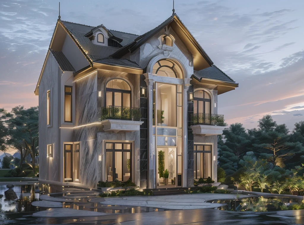 3D render of a beautiful house, Dark, gray tones, white wall. lumion render, night time render, insanely detailed rendering, realistic architecture, architectural visualization. The staircase leading into the house is tiled with black marble and has bright LED lights. Behind are hills and mountains with clear blue sky. The house with a large porch to sit and drink tea and LED lights, there is a large patio with a waterfall and a pond, pine trees, grass, garden stones, roses, modernism, vivid and detailed, zen garden, lush garden surroundings, residential design, lush landscaping, dense with greenery, pristine and clean design, clean and pristine design. balcony with green plants. The main door is made of black aluminum and glass reaching up to the ceiling. Looking through the glass windows to look inside the house with luxurious interiors with luxurious and warm lights, interior lighting rendering and lighting effects. marble and wood and glass, dark and modern, luxcore render, taken with professional photography techniques, using a wide angle lens with bright natural light and high resolution details, in the style of professional photograph, hyper realistic, highly detailed.