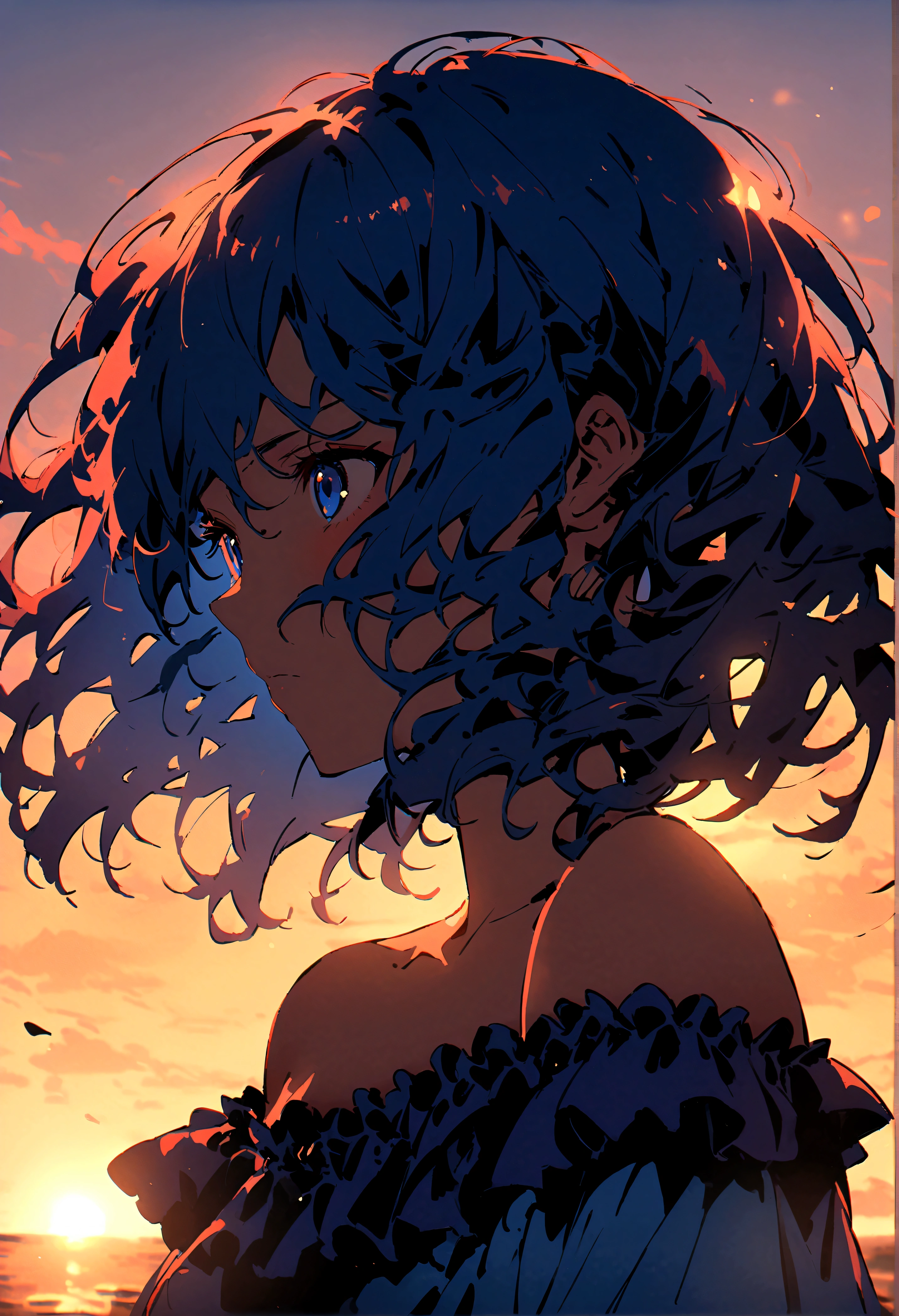 1 Girl, Off the shoulder, sunset、blue、Navy Blue