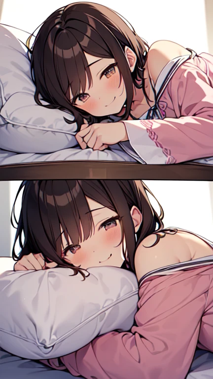 Highest quality, masterpiece, Ultra-high resolution, 8K, Show anime style , Soft Line Art, Digital Enhancement, shojo anime touch, shojo manga core, Flowing fabric, close, Soft Drawing, Ultra-Definition Digital Anime Art, Clear facial depiction, Super detailed girl cartoon character art, Ultra-detailed manga style, Highest qualityの色, 1People Women,(A woman with short brown hair), Wet Hair,Beautiful brown hair, Clear brown eyes, Slightly chubby,Small breasts,The butt is small,Teasing Smile,pajamas,((She is sleeping in bed with the covers on.)),I sleep in the same bed and watch her,Peaceful sleeping face,She wakes up,I call out good morning,((She lay there, her cheek on the pillow, turned her face towards me and smiled fondly.)),Little devil's smile,(Face close up)