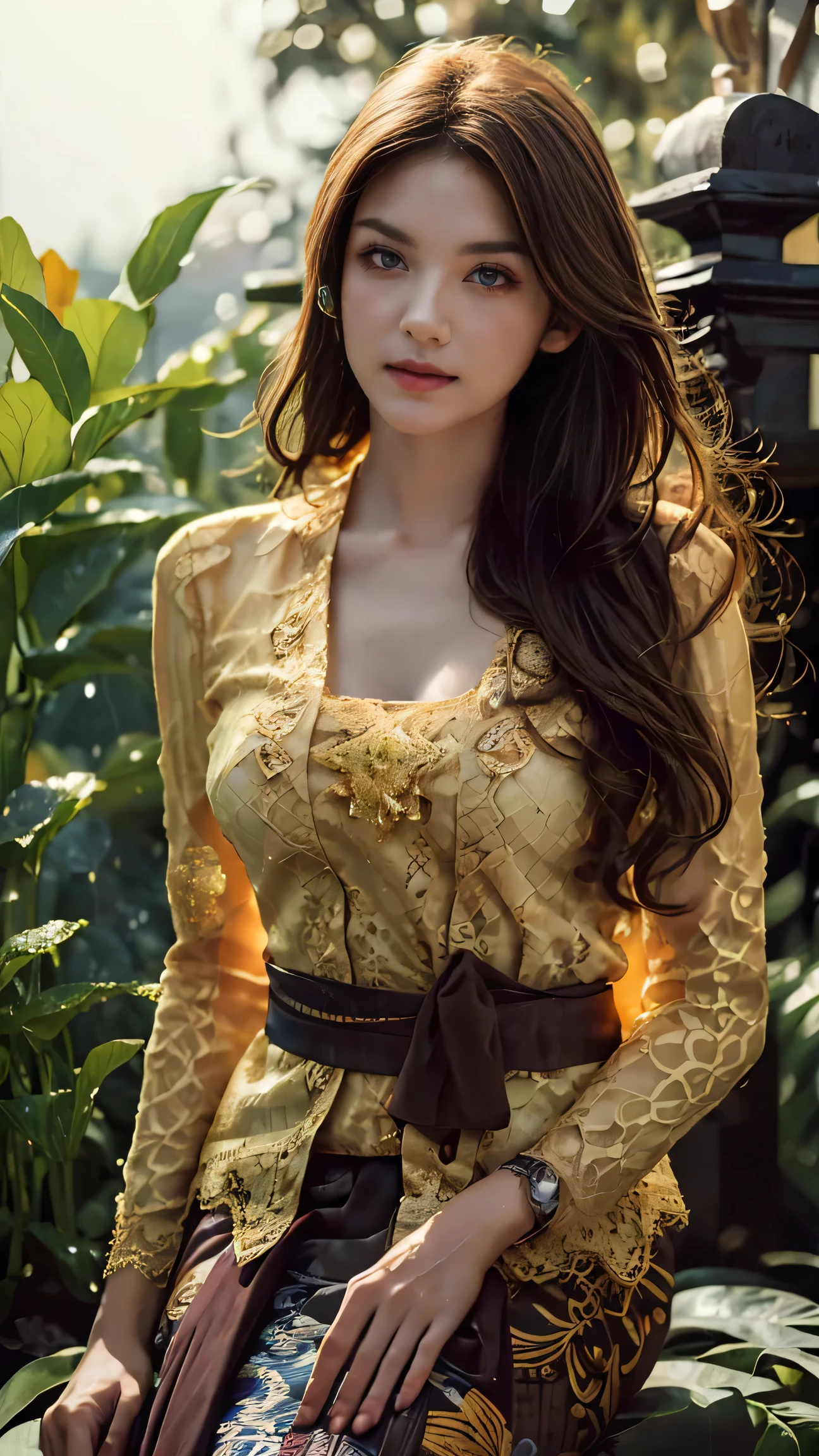 1 Indonesian-Dutch girl, 25 years old, long fashion hair, fit body, small cleavage, skintight black lace kebaya, batik skirt, highly detailed, ultra hd, 8k, detailed face, bright eyes, perfect eyes, detailed lips, sexy lips, perfect hands, dynamic angle, cowboy shot, (hyperrealistic), (illustration), (high resolution), (8K), (extremely detailed), (best illustration), (beautiful detailed eyes), (best quality), (ultra-detailed), (masterpiece), (photorealistic), (natural light), (detailed face), (high detailed realistic skin texture), (anatomically correct), (solo), (high detailed realistic hair), (caramel hair), (heterochromic eyes), (detailed eyes), (brown eyes), (realistic big breasts), (slender abs), (dynamic pose), (closed tiny mouth), (concentrated expression), (dimple), (a girl playing in the garden), (wet clothes), (transparent clothes)