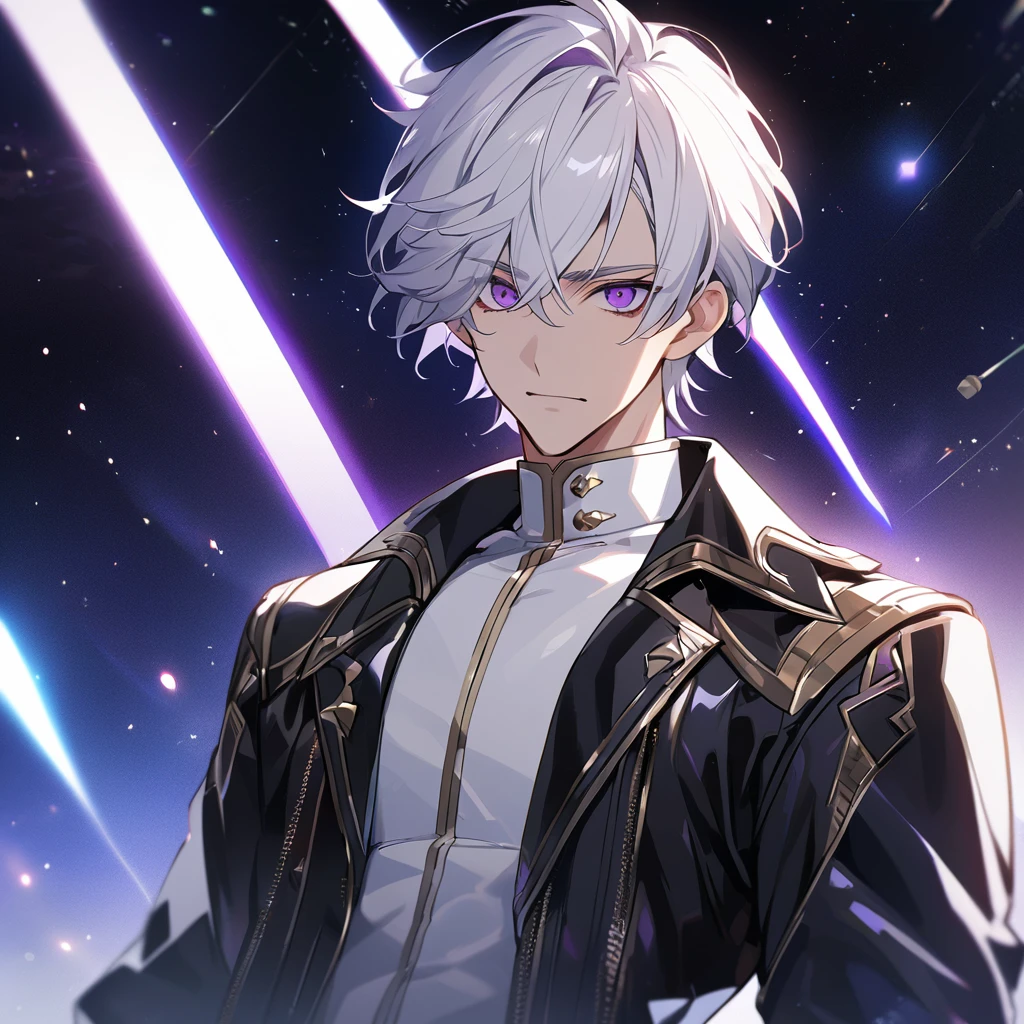 High quality, HD, 4k, no shadows, handsome male, 1male, 17 years old, teenager, golden lining, short white hair, sharp eyes, dark purple eyes, deep purple eyes, devil may cry, close up, calm expression, stoic expression, black leather clothes, white leather clothing, lean body, well trained body, upper body, looking at viewer, cowboy shot, white solar, space background
