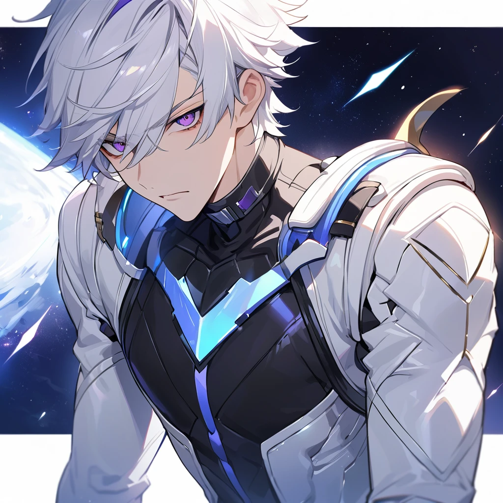 High quality, HD, 4k, no shadows, handsome male, 1male, , teenager, golden lining, short white hair, sharp eyes, dark purple eyes, deep purple eyes, devil may cry, close up, calm expression, stoic expression, black leather clothes, white leather clothing, lean body, well trained body, upper body, looking at viewer, cowboy shot, white solar, space background