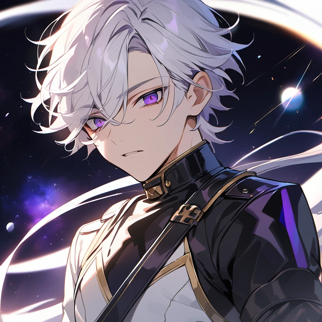 High quality, HD, 4k, no shadows, handsome male, 1male, , teenager, go lining, short white hair, sharp eyes, dark purple eyes, deep purple eyes, devil may cry, close up, calm expression, stoic expression, black leather clothes, white leather clothing, lean body, well trained body, upper body, looking at viewer, cowboy shot, white solar, space background