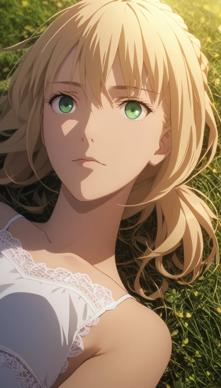 {artoria pendragon_fate ubw:1.15},blond hair, detail green_eyes, , ((night)) , 1 girl,, alone, hair between eyes,(white lace panties:1.5),show off white lace panties, bare shoulders,, cleavage, thighhighs, short hair, ((topless:1.5)) , beautiful light, , close up face:0.5,　detail navel , detail thin thigs, tree, grass　　　　　　　　　　　　　　　　　　　　　　　　　　　　　　　　　　　　　　　　　　　　　　　　　　　　　　 beautiful upper body, Beautiful body, beautiful character design, perfect eyes, Perfect face, expressive eyes, looking at the viewer,(lie on road:1.5),in the center of the image, official art,High Definition CG Unity, Perfect lit, bright_front_face_lit, ,(Highest_quality:1.0),4k,Super detailed, photograph, 8K, nffsw, High resolution, absurd:1.2, kodak portrait 400, film grain, Lens flare, (lively_color:1.2) (beautiful,small breasts:1.4), (beautiful_face:1.3),(narrow_waist),blush, ((detail nipple)),,saber, dress, pony tail