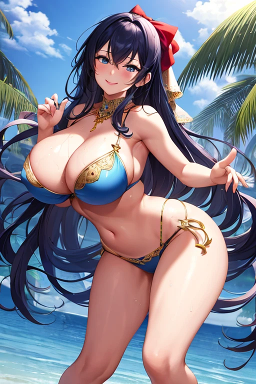 masterpiece, best quality, beautiful art, high resolution, well formed hands, body and fingers, 1 woman, solo, grown up, arabian belly dancer, adult, large and round breasted, (perfect hands and fingers:1.5) cleavage, hair ribbon, full body picture, blue eyes, long blue hair, sexy and skimpy outfit , sexy belly dancer, blue attire, gorgeous legs and thighs , dancing seductively and erotically, turning backwards and forward, shaking her body alluringly, bouncing breasts, sweating, bikini thong, smiling joyfully, looking at the viewer, flirting, beach environment