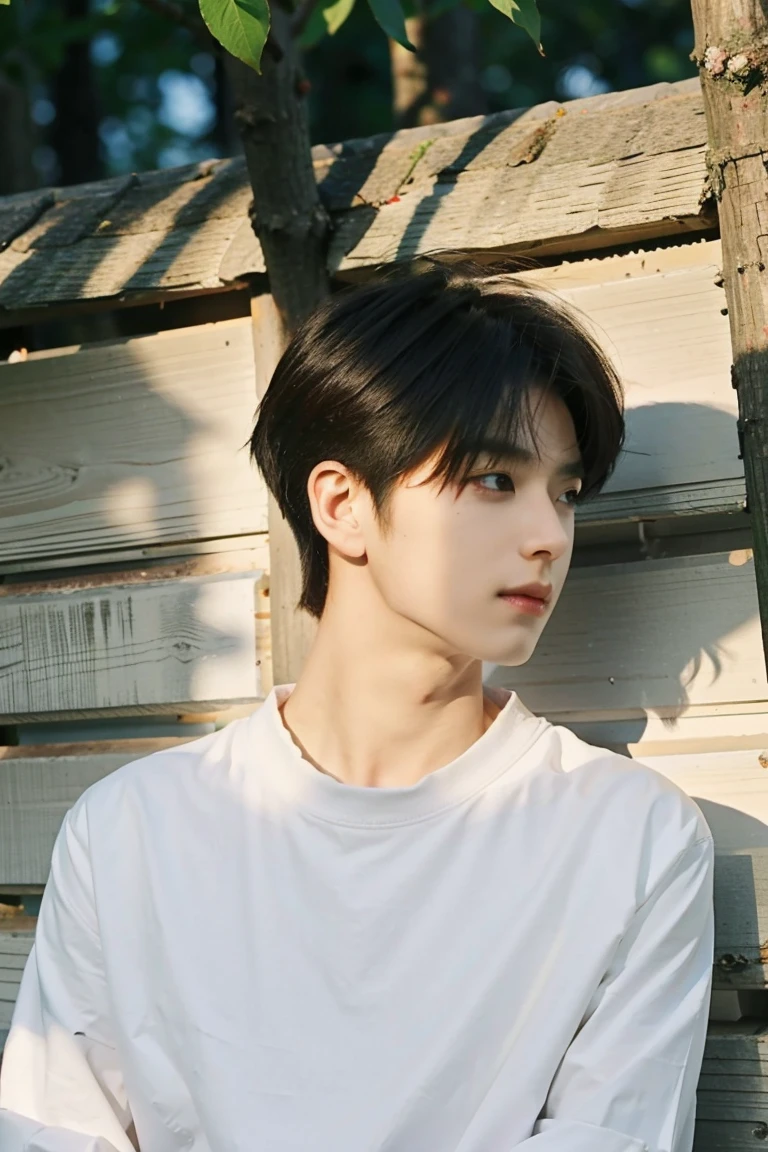 Nansheng,One boy,alone,Male Focus,,Day,Realistic,shirt,Grass,Upper Body, Tshirt,Mouth closed,(Best Shadow),Complex, bright, Lens Distortion Correction,(Best Shadow),Complex, bright, Lens Distortion Correction、Cafe、profile、Face down、cape