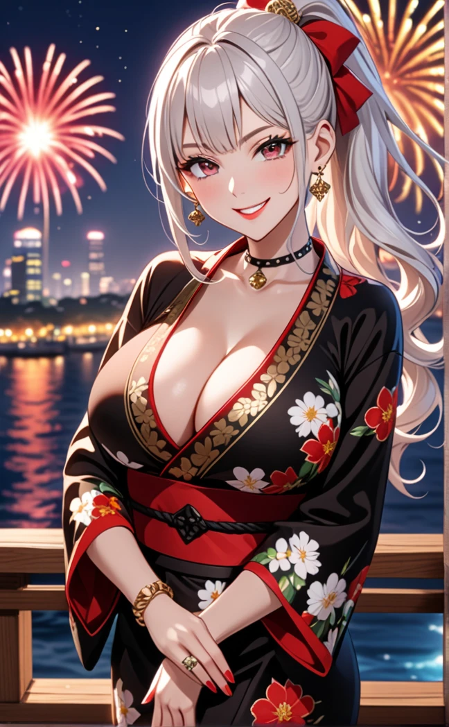 ((One personの女性)), Beautiful Face, (Laughing embarrassedly), (smirk:1.4), ((Wink:1.5)), (head tilt:1.3), Laugh with your mouth wide open, upper teeth, looking at viewer, (Doing sexy poses), ((Bright red cheeks:1.4)), Glossy Red Lips, (Big Breasts:1.4), cleavage, night,Terrace with sea view, firework, Glossy pink lips, Shining Face, ((Anime style background)),masterpiece, Highest quality, so beautiful,up to date, Complex details, (long nails of red color), (nail art), (ring),(bracelet),(Floral choker), (ring helix piercing:1.5), AI-generated, Complex,High resolution, Highest quality, super high quality,3D Images、3D Images,One person,Long white hair,High Ponytail, Anime woman posing for a photo, ((silver eyes:1.5)), ((Fine grain、Blue eyes、Shining Eyes:1.3)), (Squint your eyes:1.1),a hyperRealistic , hyperRealistic , Realistic,Anime woman with long white hair, Smooth anime CG art, (A woman in a colorful kimono with gold embroidery), ((Black long sleeve kimono:1.3)), Red floral pattern,Long flower hair ornament,Earrings,Mature Body,Tall,Abdominal muscles,Tight waist, ((face focus:1.8)), (front view:1.3),