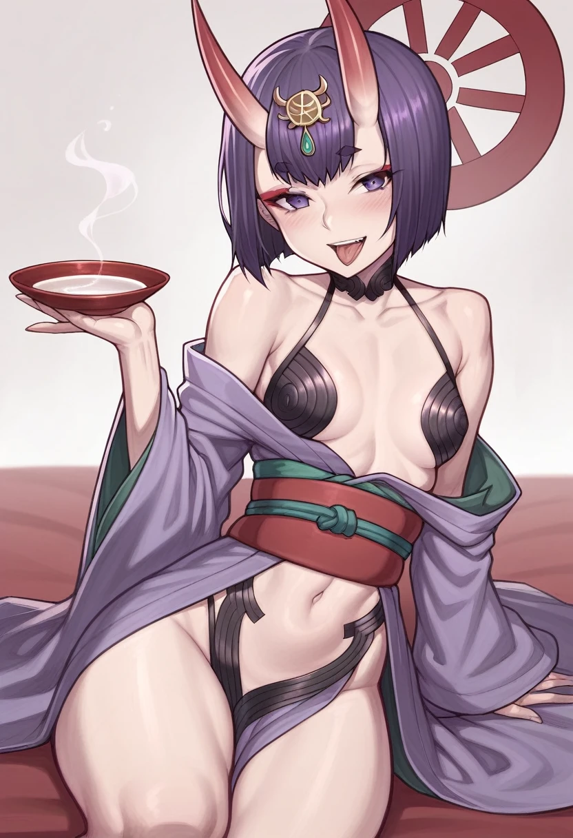 _asura style, 1girl, shuten_douji_(fate), horns, solo, oni_horns, purple_eyes, short_hair, oni, breasts, purple_kimono, purple_hair, headpiece, kimono, makeup, japanese_clothes, revealing_clothes, eyeliner, small_breasts, sakazuki, bob_cut, sash, cup, bangs, bare_shoulders, wide_sleeves, skin-covered_horns, obi, navel, collarbone, smile, off_shoulder, long_sleeves, alcohol, open_clothes, blush, white_background, open_mouth, sake, tongue