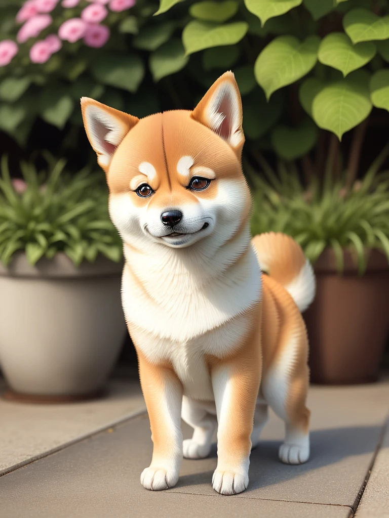 Beautiful Shiba Inu,open one's eyes,Smile,grassland,Flowers and good lighting