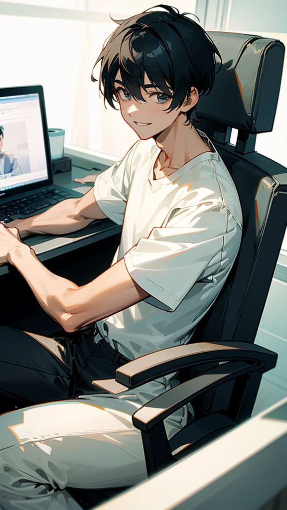 18 years older gentleman man
wearing plane white T-shirt
blackhair military cutting hair
smiling
anime image
sitting on computer chair