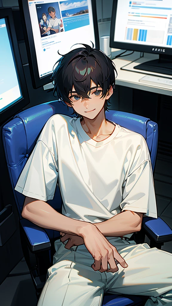  18 years older gentleman man 
wearing plane white T-shirt
blackhair military cutting hair
smiling 
anime image 
sitting on computer chair 