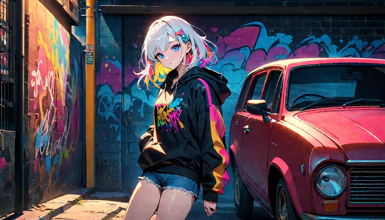 HD 8K Handsome cute, Solitary, 1 female, Medium Length Hair, white hair, Rainbow hair, blue Eyes, Rainbow headphone, hoodie, colored hoodie, black Trucker Hat, hip-hop style big hooded jacket, denim shorts, Human focus, Leaning against a car, outdoor, HD 8K outdoor, White clouds in the night, graffiti famous spray art wall,
