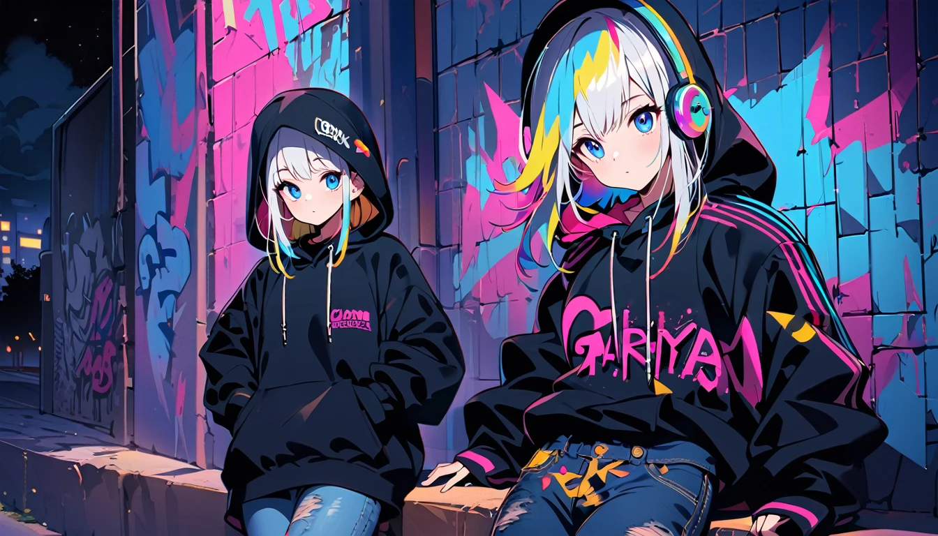 HD 8K Handsome cute, Solitary, 1 female, Medium Length Hair, white hair, Rainbow hair, blue Eyes, Rainbow headphone, hoodie, colored hoodie, black Trucker Hat, hip-hop style big hooded jacket, denim shorts, Human focus, Leaning against a car, outdoor, HD 8K outdoor, White clouds in the night, graffiti famous spray art wall,