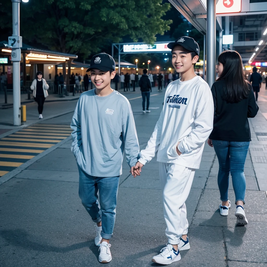 A young Asian man with short hair and an oval face, wearing a baseball cap and white sneakers, stands enjoying the evening scenery at a train station. He is accompanied by a chubby Asian woman wearing a hijab, long-sleeved white couple t-shirt, light blue street jeans, and white sneakers, with her head leaning on the man's shoulder, smiling. The photo is taken from the side, very realistic, captured by a Nikon 5200 camera, in the highest resolution, 8K UHD.