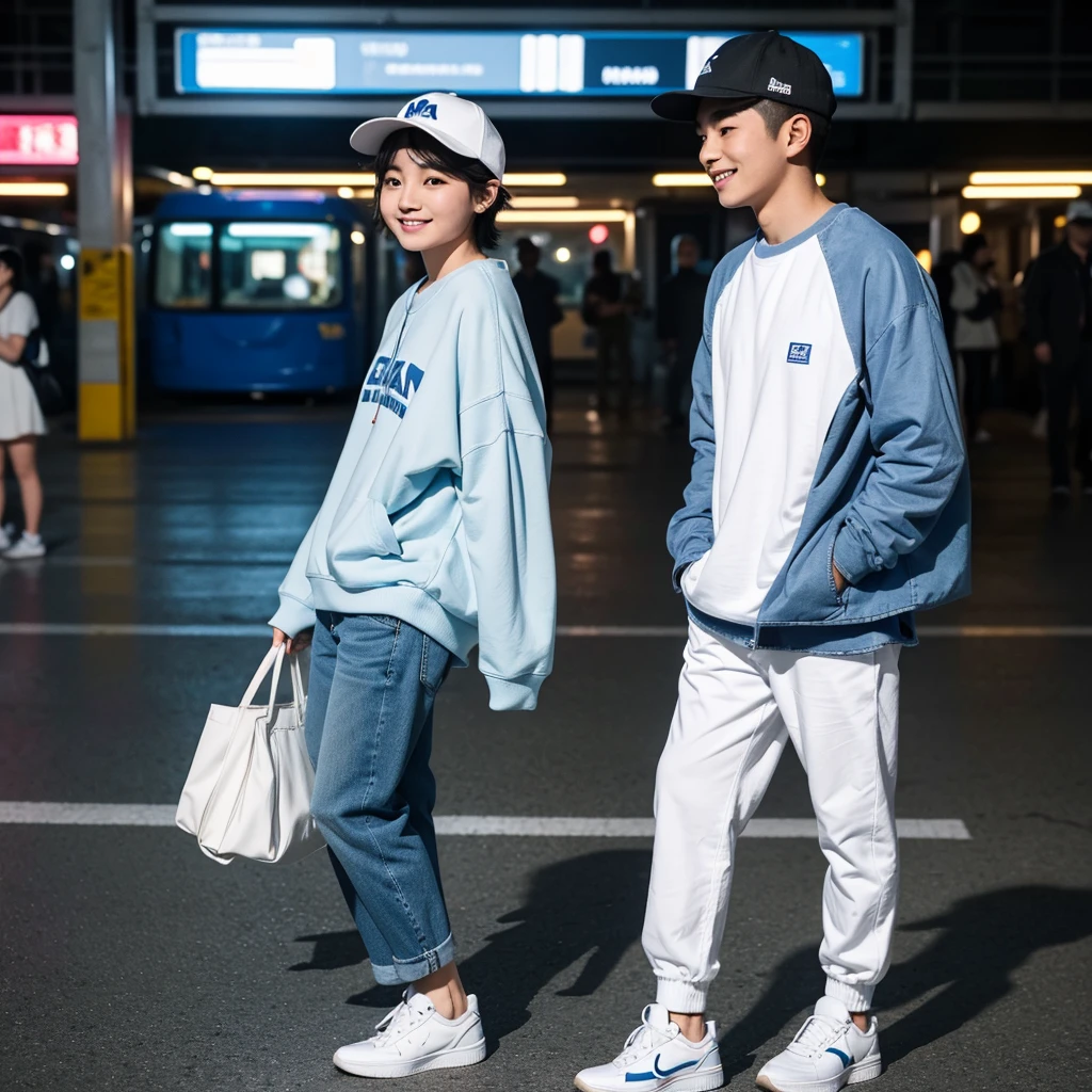 A young Asian man with short hair and an oval face, wearing a baseball cap and white sneakers, stands enjoying the evening scenery at a train station. He is accompanied by a chubby Asian woman wearing a hijab, long-sleeved white couple t-shirt, light blue street jeans, and white sneakers, with her head leaning on the man's shoulder, smiling. The photo is taken from the side, very realistic, captured by a Nikon 5200 camera, in the highest resolution, 8K UHD.