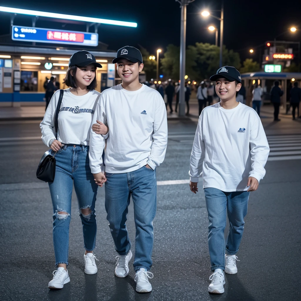 A young Asian man with short hair and an oval face, wearing a baseball cap and white sneakers, stands enjoying the evening scenery at a train station. He is accompanied by a chubby Asian woman wearing a hijab, long-sleeved white couple t-shirt, light blue street jeans, and white sneakers, with her head leaning on the man's shoulder, smiling. The photo is taken from the side, very realistic, captured by a Nikon 5200 camera, in the highest resolution, 8K UHD.