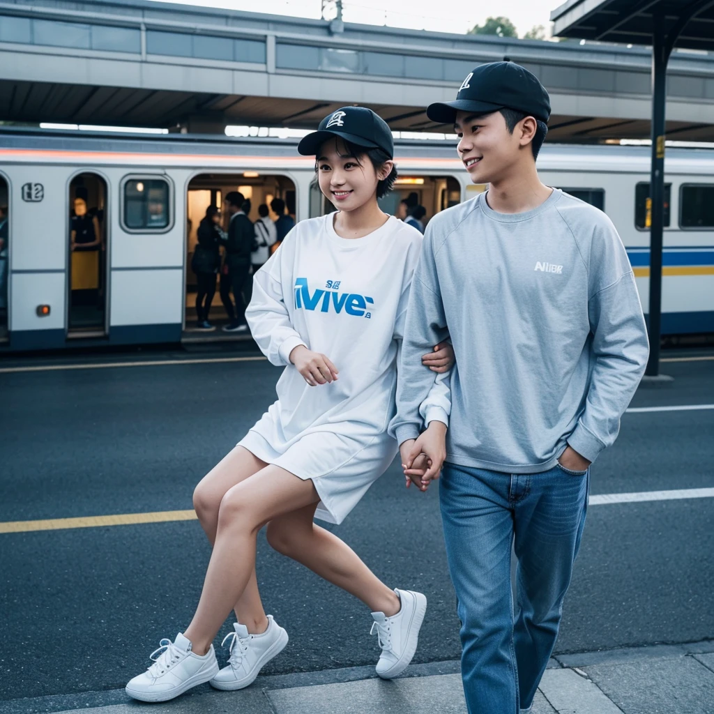 A young Asian man with short hair and an oval face, wearing a baseball cap and white sneakers, stands enjoying the evening scenery at a train station. He is accompanied by a chubby Asian woman wearing a hijab, long-sleeved white couple t-shirt, light blue street jeans, and white sneakers, with her head leaning on the man's shoulder, smiling. The photo is taken from the side, very realistic, captured by a Nikon 5200 camera, in the highest resolution, 8K UHD.