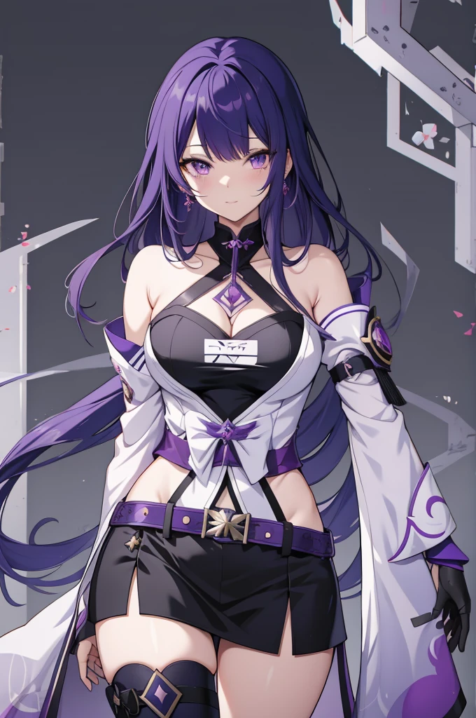 anime girl with purple hair and black clothes standing in front of a white background, ayaka genshin impact, seductive anime girl, ayaka game genshin impact, badass anime 8 k, female action anime girl, portrait knights of zodiac girl, best anime 4k konachan wallpaper, keqing from genshin impact, female anime character, anime moe artstyle, one eye completely covered by hair