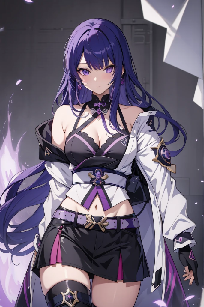anime girl with purple hair and black clothes standing in front of a white background, ayaka genshin impact, seductive anime girl, ayaka game genshin impact, badass anime 8 k, female action anime girl, portrait knights of zodiac girl, best anime 4k konachan wallpaper, keqing from genshin impact, female anime character, anime moe artstyle, one eye completely covered by hair