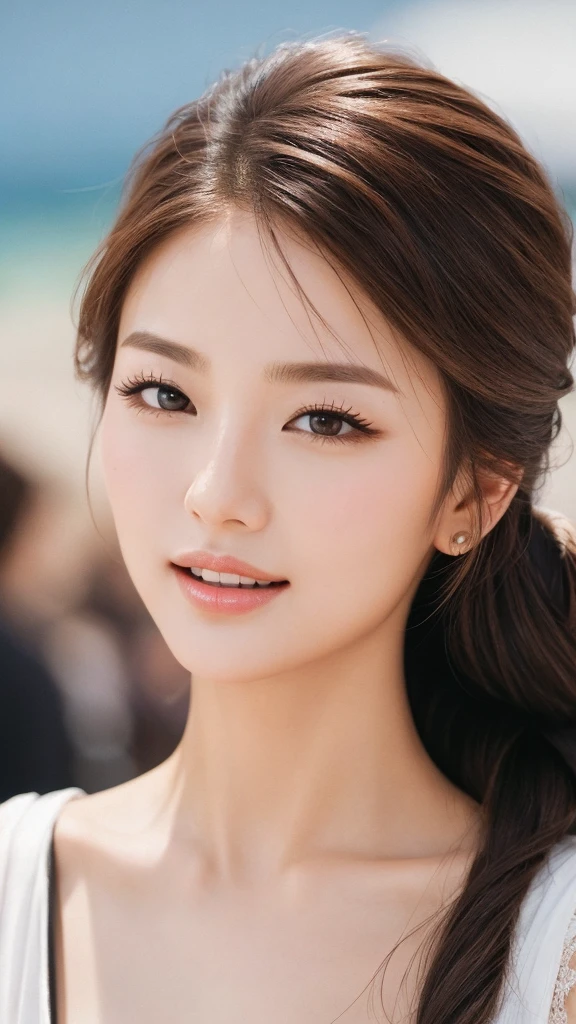 Highest quality、Realistic、Realistic、Very detailed、Very delicate and beautiful、RAW Photos、Professional Lighting、Facial Light、Written boundary depth、Focus Only、Ezvian everywhere,1 female (Beach at night):1.4)、Brown haired、Brown eyes、Small Head、Beautiful Eyes、Dark eyeliner、Very large breasts、True Face、Real Skin、Lively Faces、Realistic Skin、Fine grain、Detailed facial features、Detailed characteristics of the garment、(Fashion Clothing:1.3) ), (Fashion Hairstyles: 1.3)、 Looking at the audience, Simple Background, Magnificent face and big, Beautiful Teeth