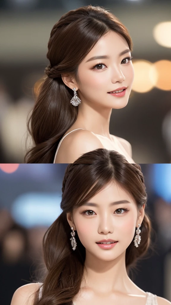 Highest quality、Realistic、Realistic、Very detailed、Very delicate and beautiful、RAW Photos、Professional Lighting、Facial Light、Written boundary depth、Focus Only、Ezvian everywhere,1 female (Beach at night):1.4)、Brown haired、Brown eyes、Small Head、Beautiful Eyes、Dark eyeliner、Very large breasts、True Face、Real Skin、Lively Faces、Realistic Skin、Fine grain、Detailed facial features、Detailed characteristics of the garment、(Fashion Clothing:1.3) ), (Fashion Hairstyles: 1.3)、 Looking at the audience, Simple Background, Magnificent face and big, Beautiful Teeth