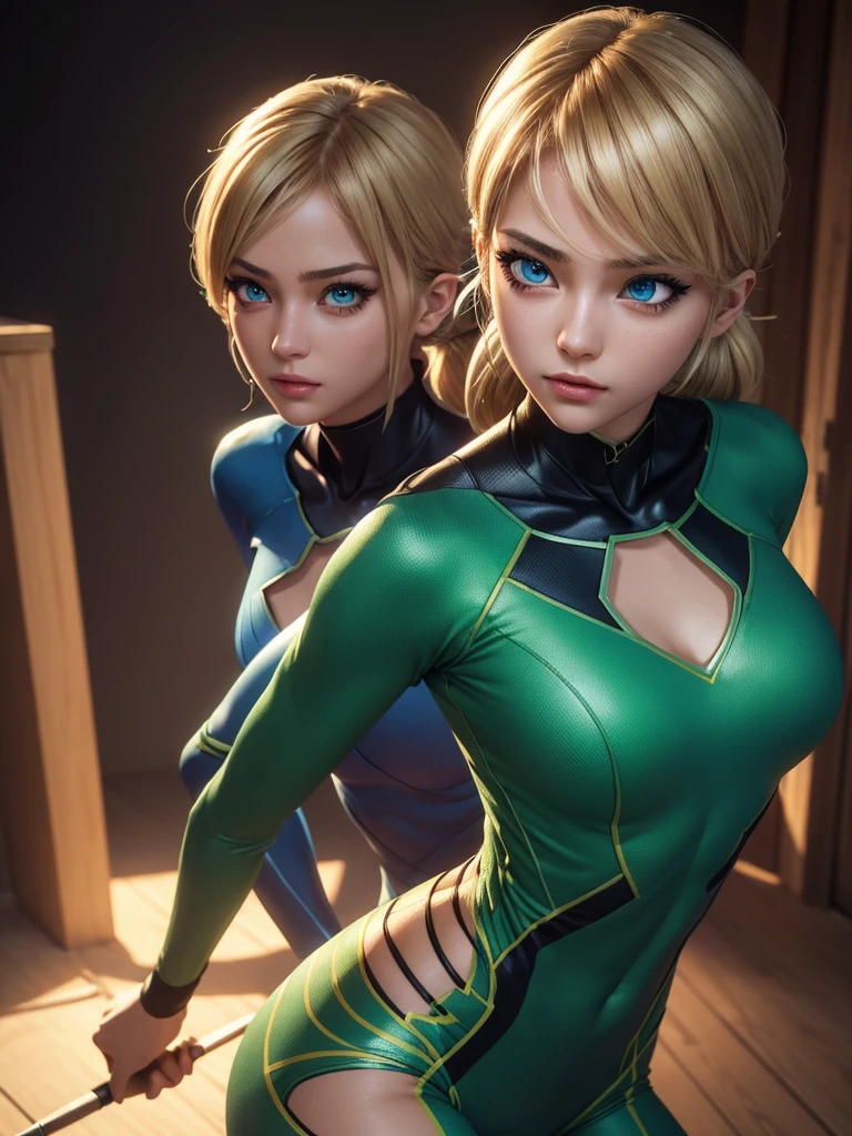 1girl, teenage girl, grasshopper style miraculous suit, green suit, slim body, flat chest, eye mask, blonde hair, grasshopper logo on the chest, (best quality,4k,8k,highres,masterpiece:1.2),ultra-detailed,(realistic,photorealistic,photo-realistic:1.37),portrait,detailed face, beautiful detailed eyes, beautiful detailed lips, extremely detailed eyes and face, long eyelashes, dynamic pose, action, colorful, vibrant colors, cinematic lighting, dramatic shadows