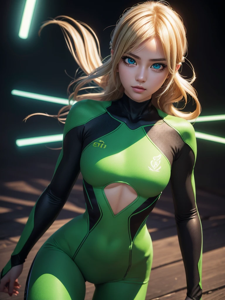 1girl, teenage girl, grasshopper style miraculous suit, green suit, slim body, flat chest, eye mask, blonde hair, grasshopper logo on the chest, (best quality,4k,8k,highres,masterpiece:1.2),ultra-detailed,(realistic,photorealistic,photo-realistic:1.37),portrait,detailed face, beautiful detailed eyes, beautiful detailed lips, extremely detailed eyes and face, long eyelashes, dynamic pose, action, colorful, vibrant colors, cinematic lighting, dramatic shadows