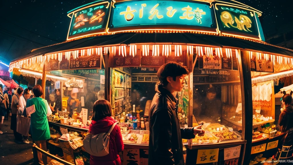 (masterpiece, Highest quality), festival, stall, night, An illustration, anime, 