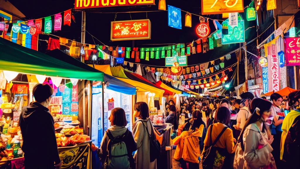 (masterpiece, Highest quality), festival, stall, night, An illustration, anime,