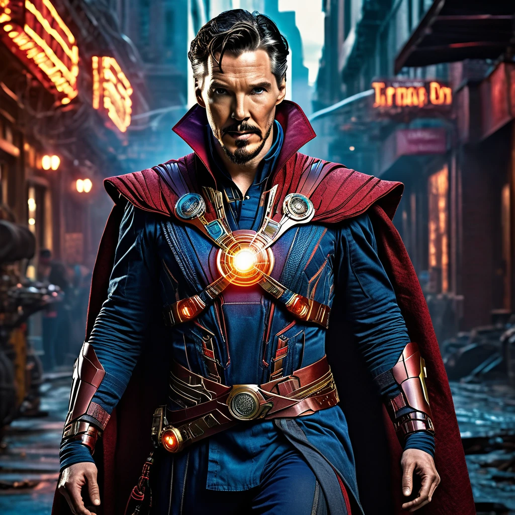 a highly detailed full body portrait of doctor strange in an iron man style cyberpunk suit, cinematic lighting, 8k, hyper realistic, dramatic pose, mechanical details, glowing energy effects, intricate mechanical design, futuristic technology, dynamic composition