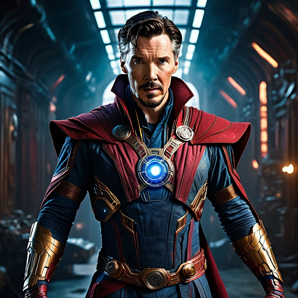 a highly detailed full body portrait of doctor strange in an iron man style cyberpunk suit, cinematic lighting, 8k, hyper realistic, dramatic pose, mechanical details, glowing energy effects, intricate mechanical design, futuristic technology, dynamic composition