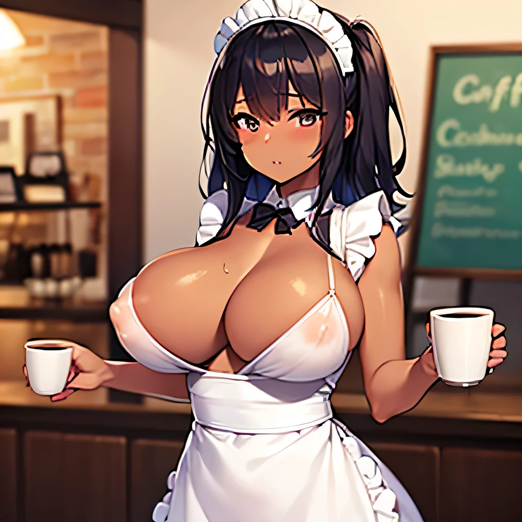(masterpiece, best quality:1.2), 1girl, solo,very dark skin,tanned skin,maid,coffee shop, busty breasts and nipples,sexy maid outfit, chubby girl, moaning, horny