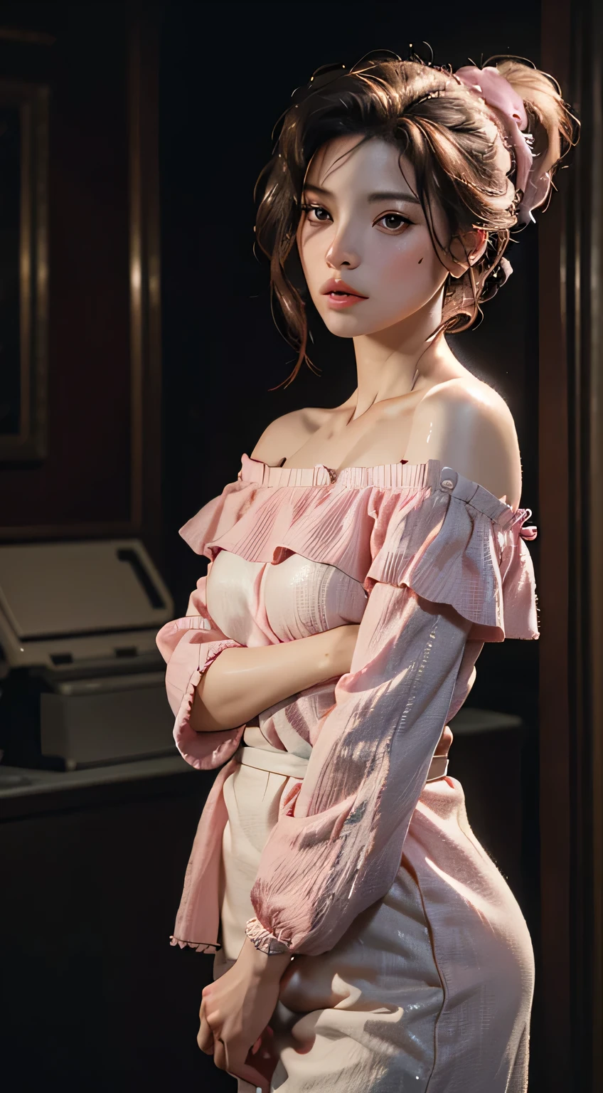 Best Quality, Masterpiece, Ultra High Resolution, (Realisticity: 1.4), Original Photo, 1girl, Pink Off-the-Shoulder, Cinematic Lighting