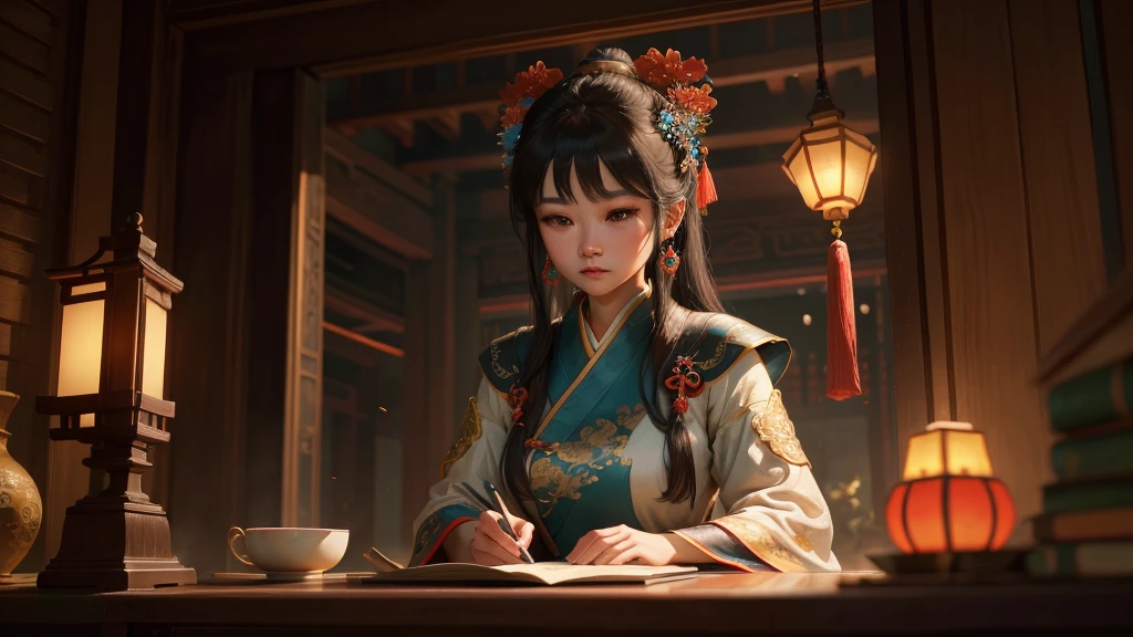a man, Illustration scenes，Best quality, Masterpiece:1.2), (offcial art, Extreme detail), cinematic compositions，（scenography），Magnificent Chinese-style architecture，the forbidden city，Depth-of-fie，symmetrical design，Huge building，cyber punk perssonage（（Antique tower，The stonework，Ancient bridge，lake water，the trees，Chinese lamps，neonlight）），rich details​，Ancient Chinese Tang Dynasty style，Antique sci-fi atmosphere，Extreme light and shadow，Delicate and soft painting style，film level light effect，high-definition picture quality，the soft light，Dingdall effect，Ghost ape painting style，rich details​，Refer to Gu Kaizhi，32K，High picture quality，A high resolution，（Very detailed CG unity 8K wallpaper），full bodyesbian,A goddess, Beautiful facial features，Chinese costume, Hanfu, Headwear, Hair accessories, Earrings, jewelry,Fairyland on earth, Soft light, Tradition Chinese Ink Painting,delicated face，Normal hands