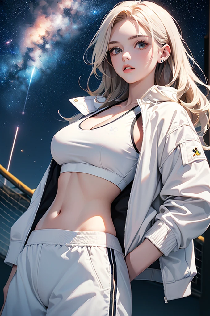 (masterpiece:1.5, Highest quality, Very detailed、 Dutch Angle、Realistic)(One Girl, alone)(Silver Hair:1.6,,Straight Long Hair)(Sports Bra、White jacket:1.5)、((medium breasts, Beautiful cleavage,underboob))(from diagonally forward),(Beautiful starry sky、Mystical Night、Particles of light float around the woman、Fantastic space、Ocean)
