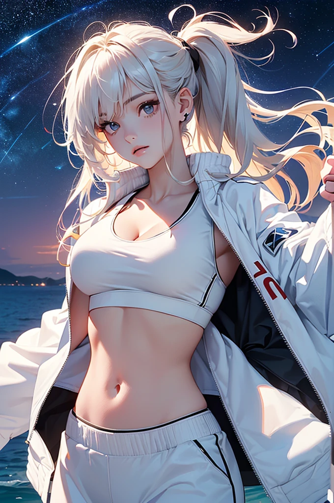 (masterpiece:1.5, Highest quality, Very detailed、 Dutch Angle、Realistic)(One Girl, alone)(Silver Hair:1.6,,Straight Long Hair)(Sports Bra、White jacket:1.5)、((medium breasts, Beautiful cleavage,underboob))(from diagonally forward),(Beautiful starry sky、Mystical Night、Particles of light float around the woman、Fantastic space、Ocean)