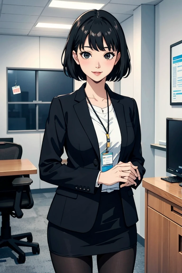 masterpiece, best quality, sunset, cowboy shot, mature woman, bob hairstyle, black hair, mature face, hot face, sharp eyes, medium breasts, curvy body, hazel eyes, business clothes, looking at viewer, very close to viewer, face to face, tough appearance, in the office
((looking serious),
