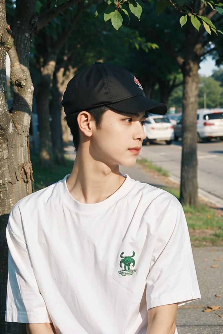Nansheng,One boy,alone,Male Focus,,Day,Realistic,shirt,Grass,Upper Body, Tshirt,Mouth closed,(Best Shadow),Complex, bright, Lens Distortion Correction，(Best Shadow),Complex, bright, Lens Distortion Correction、Cafe、profile、Face down、Wearing a cap