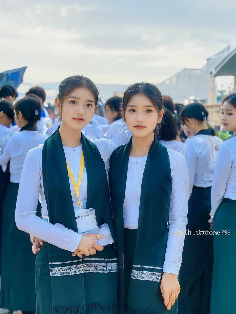 3 school teachers is 30years old.Tall, thin, big hips, big breasts, black hair, small lips, brown eyes, attractive, K.Top=white Burmese blouse,With long sleeves,Buttoned at the side.Bottom=(Dark green) long skirt.
Footwear=female Burmese sandals,The hair is knotted bun.Hijab